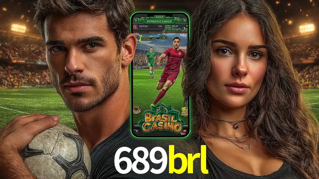 Homem segurando uma bola de futebol e uma mulher ao lado de um smartphone exibindo o jogo de apostas esportivas da 689brl. Faça seu palpite no cassino online.